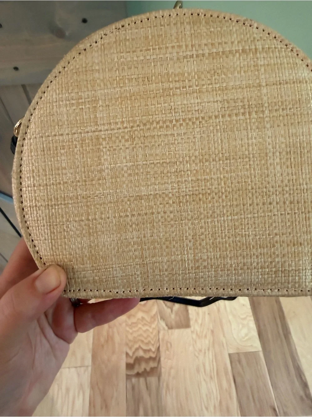 Mystique Woven Straw Raffia Round Crossbody Bag Black Strap Boho Summer